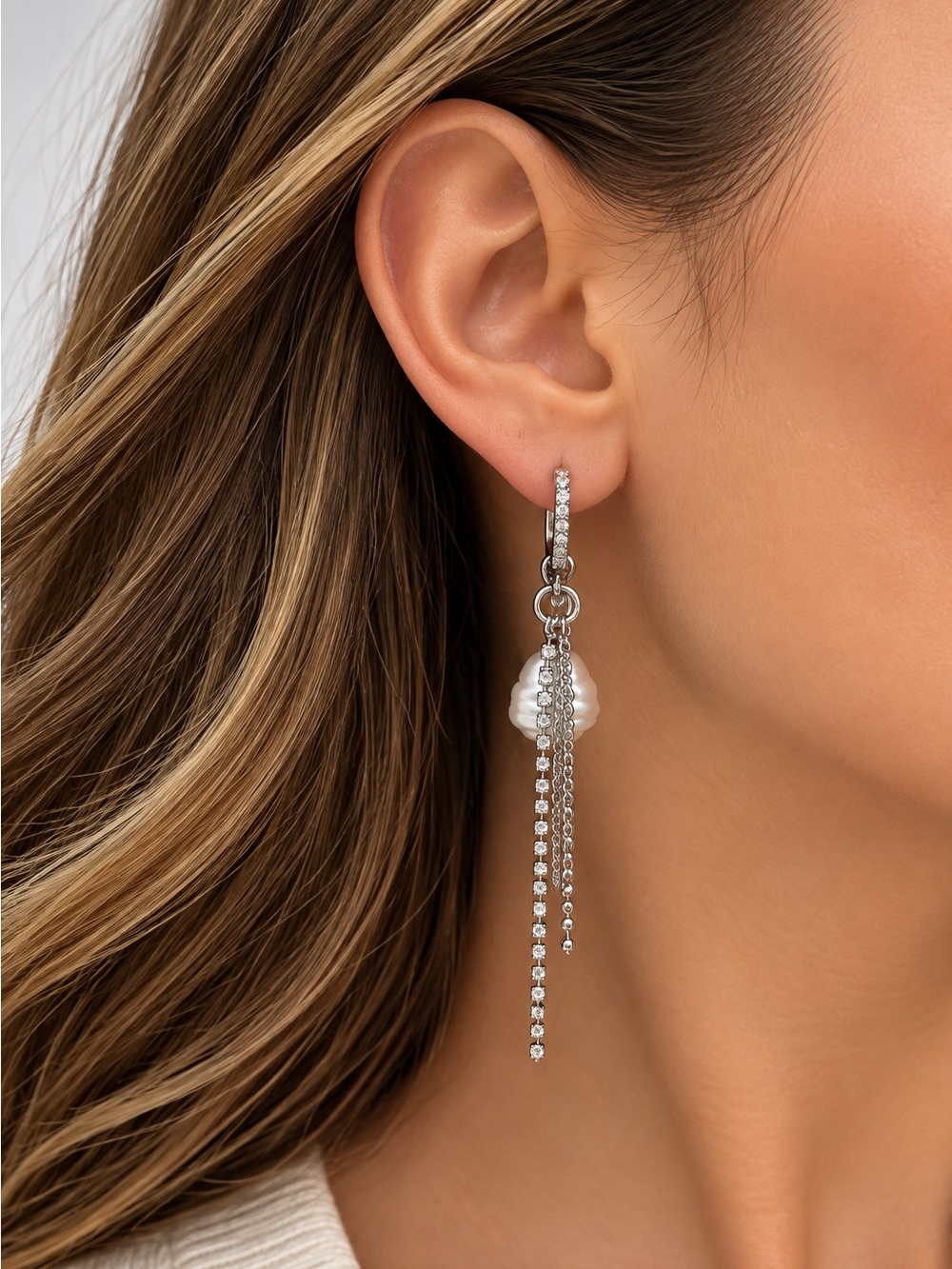 Silver Tone Pearl & Rhinestone Tassel Drop Earrings | Statement Dangle Earrings